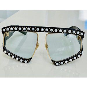 Gucci Black Imitation Pearl Embellished Shield Sunglasses